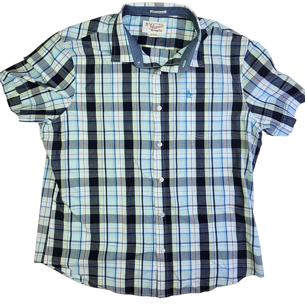 Original Penguin Mens XL Heritage Slim Fit Plaid Short Sleeve Button Down Shirt